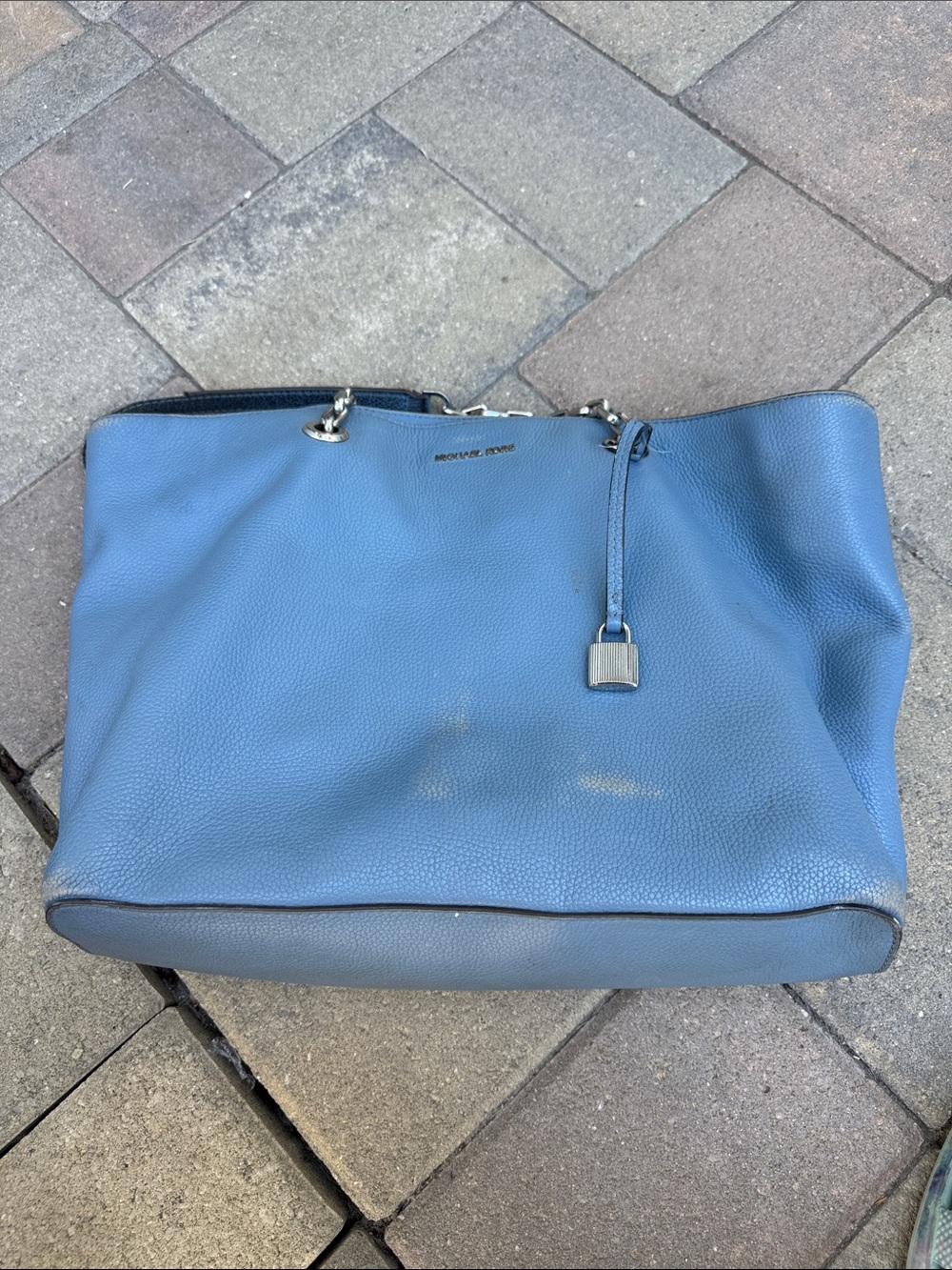 Michael Kors Dusty Blue Pebbled Leather Tote with Padlock Charm